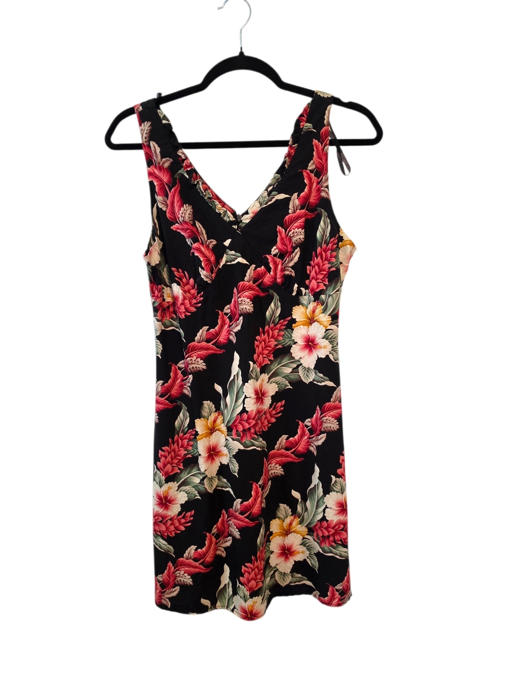 Island Candy Hawaiian Tropical Floral Sleeveless V-Neck Black Mini Dress Size S